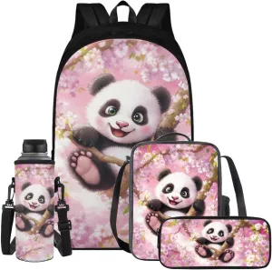 YEXIATODO Cherry Blossom Panda Boys Girls Kids School Backpack Set with Lunch Box Pencil Case Water Bottle Holder Bookbag for Elementary Middle High School Portable Spacious School Bag