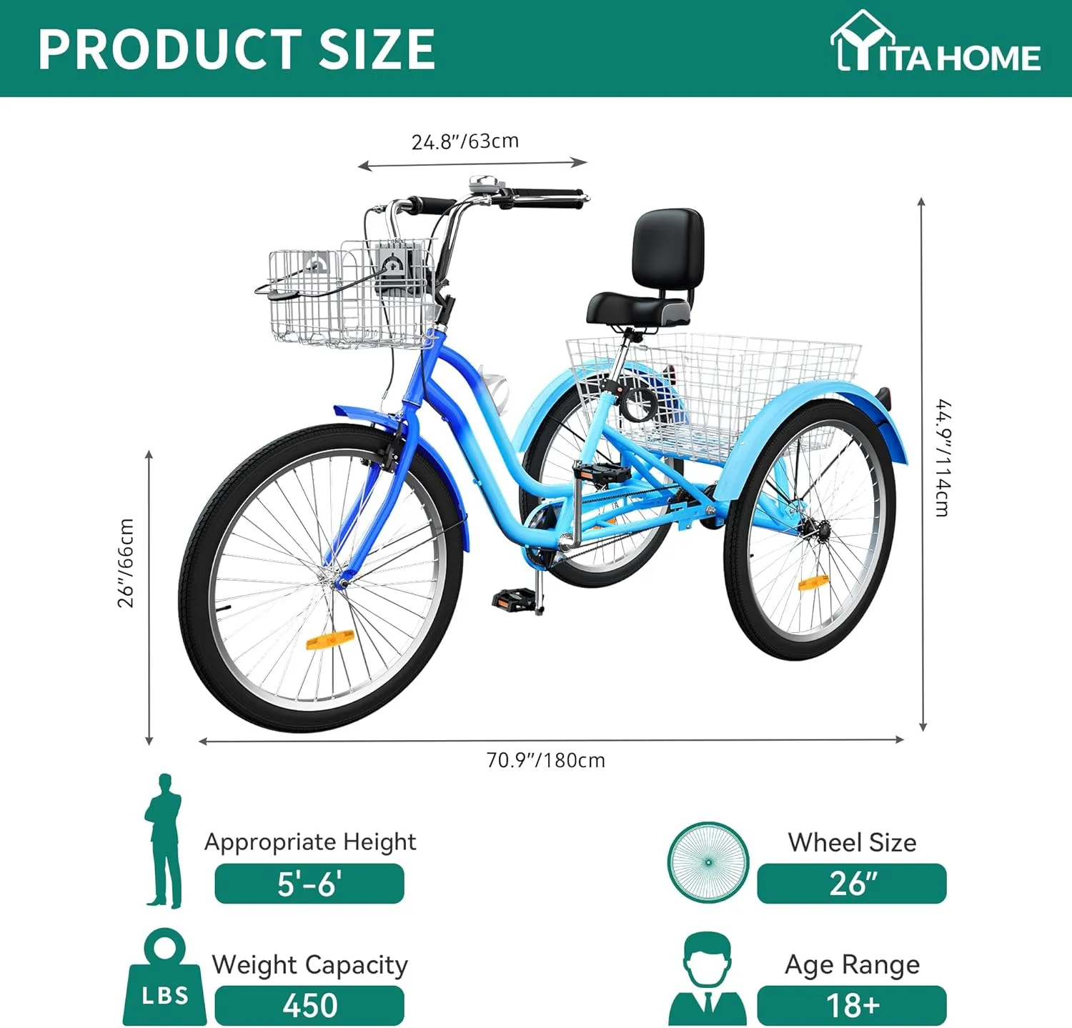 YITAHOME 24 & 26 Inch Adult Tricycle, 1 & 7 Speed 3 Wheel Bikes, Large Seat with Backrest Trike for Adults with Front & Rear Baskets, Cruiser Bike for Seniors Women Men Commute Picnic Outdoor