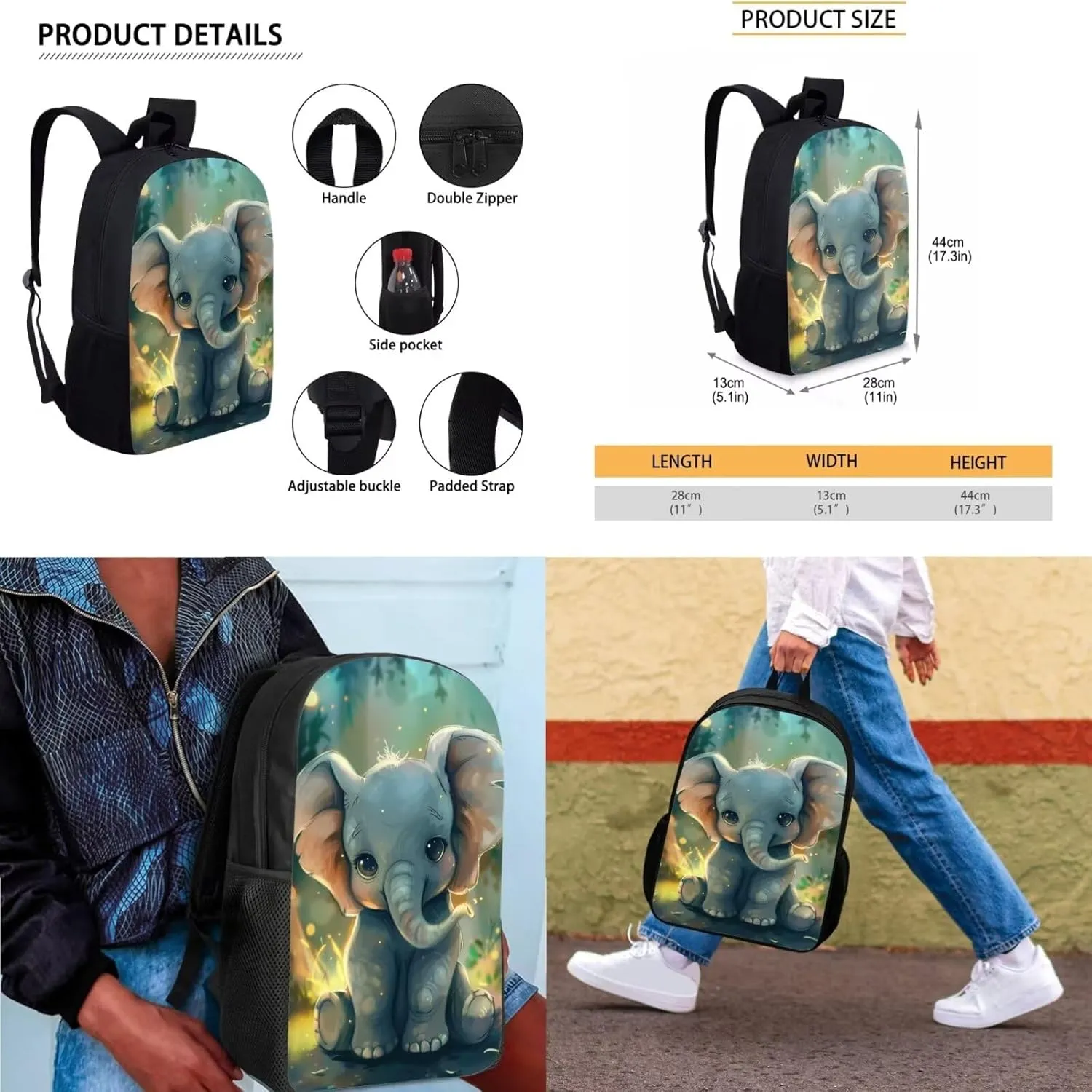 Ystardream 3D Elephant School Bag and Lunch Box Set Kids Backpack Purse for Women Middle School Bookbag with Pencil Case Schoolbags Rucksack for Teens Child Back To School 17 inch