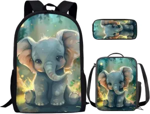 Ystardream 3D Elephant School Bag and Lunch Box Set Kids Backpack Purse for Women Middle School Bookbag with Pencil Case Schoolbags Rucksack for Teens Child Back To School 17 inch