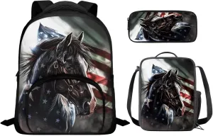 Ystardream American Flag Backpacks for Boys 2-4 Cool Horse Preschool Backpack And Lunch Box Set Girls Kids School Back Packs Bookbag for Boys Large Schoolbags Bagpack Rucksack for Independent Day