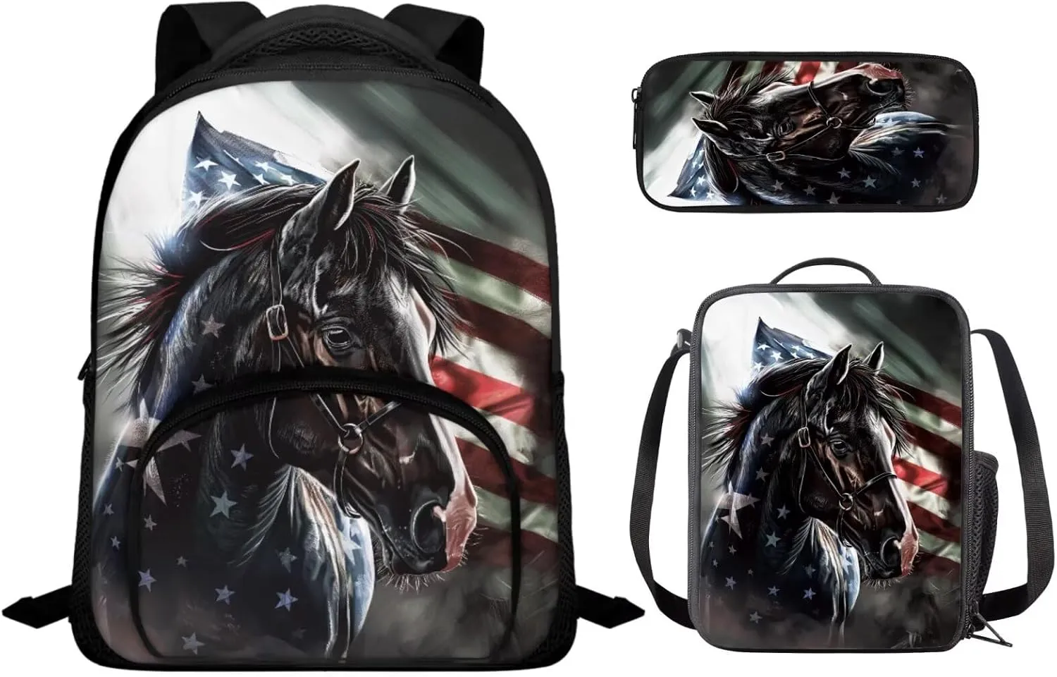 Ystardream American Flag Backpacks for Boys 2-4 Cool Horse Preschool Backpack And Lunch Box Set Girls Kids School Back Packs Bookbag for Boys Large Schoolbags Bagpack Rucksack for Independent Day