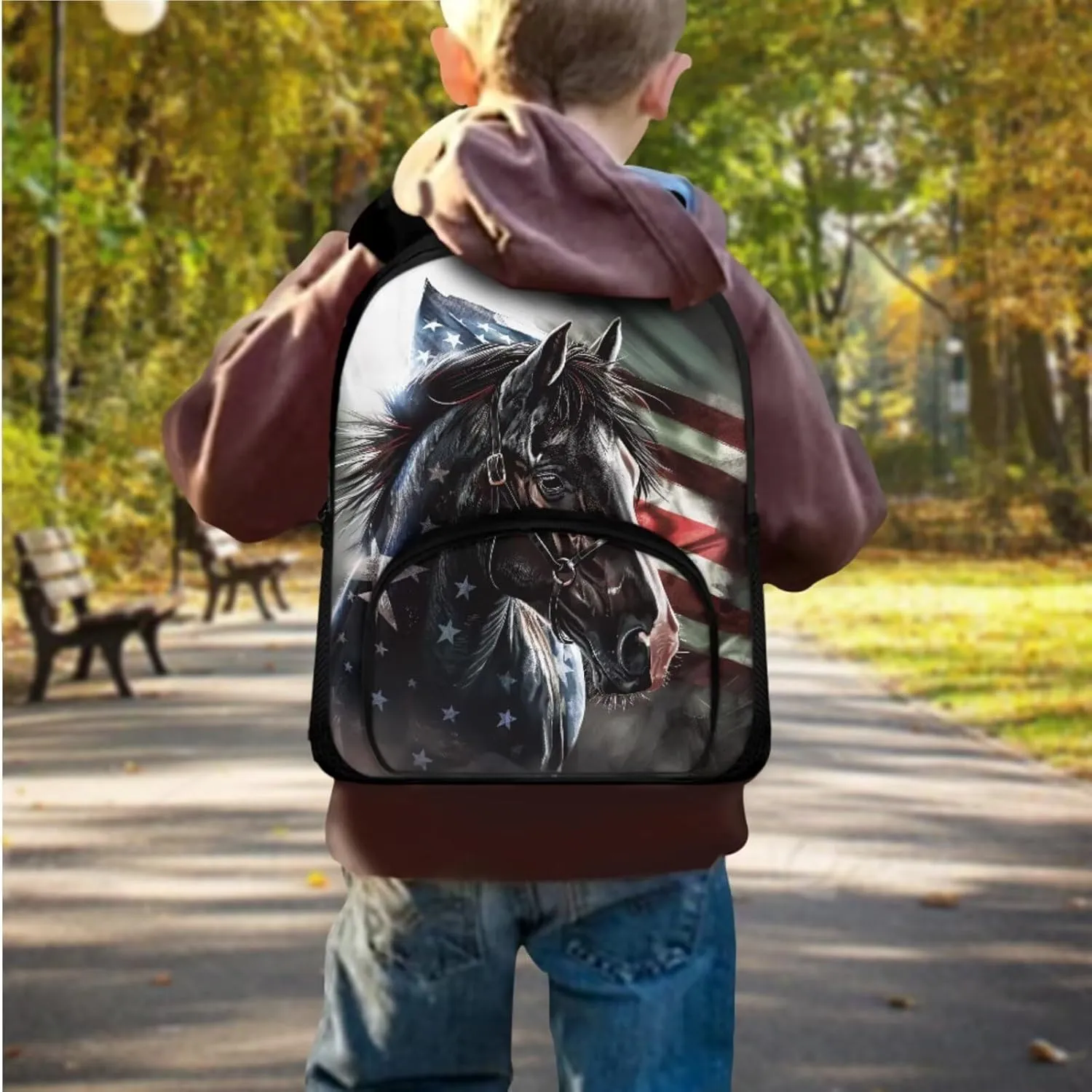 Ystardream American Flag Backpacks for Boys 2-4 Cool Horse Preschool Backpack And Lunch Box Set Girls Kids School Back Packs Bookbag for Boys Large Schoolbags Bagpack Rucksack for Independent Day
