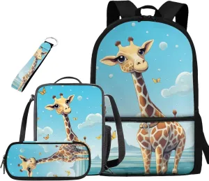 Ystardream Giraffe 1St Grade Backpack Girls Bookbag With Lunch Box Black 8-10 Cute Kids School Backpack 4 in 1 for Kids School Bag Book Bag Set 15 inch Blue