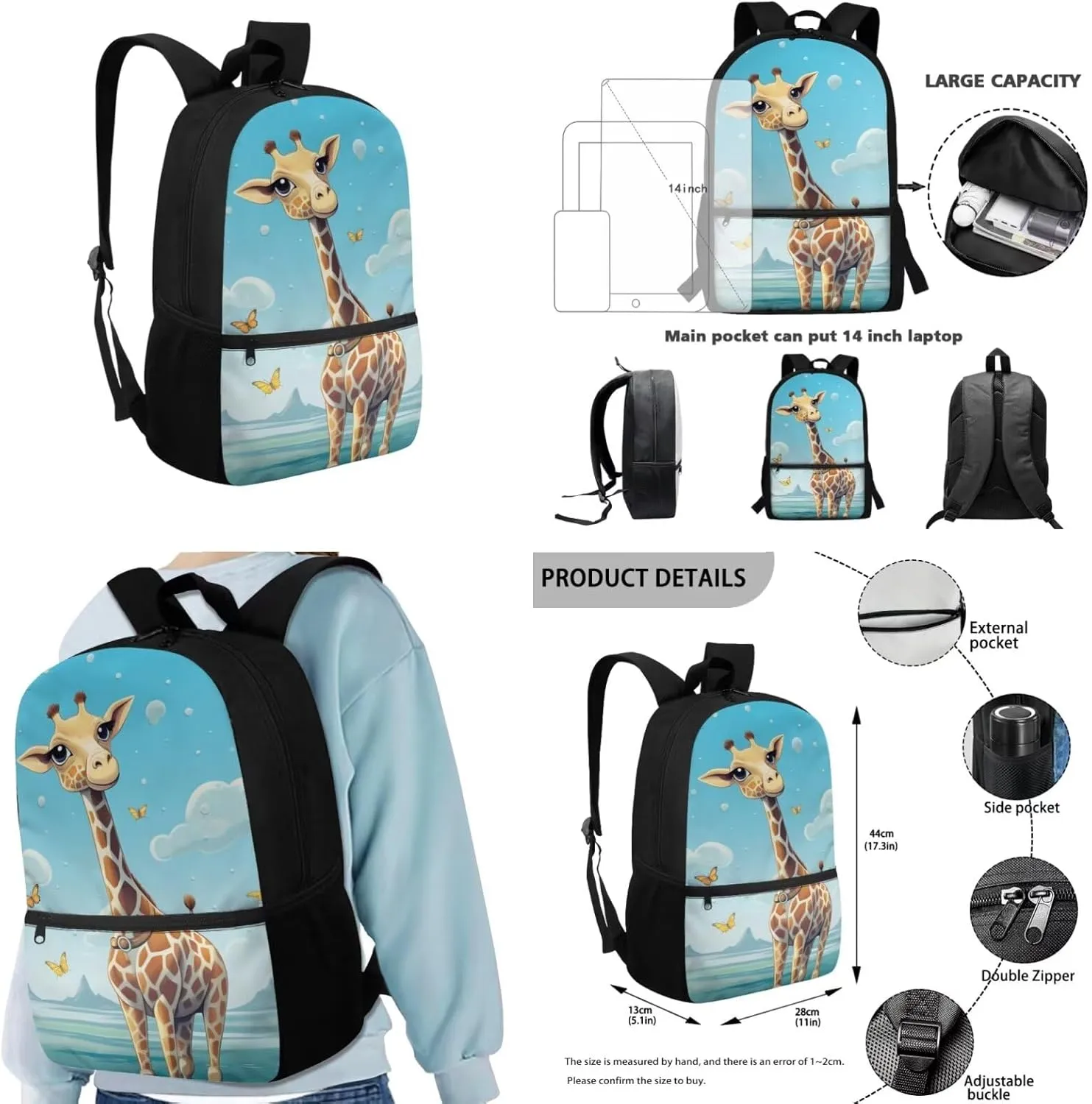 Ystardream Giraffe 1St Grade Backpack Girls Bookbag With Lunch Box Black 8-10 Cute Kids School Backpack 4 in 1 for Kids School Bag Book Bag Set 15 inch Blue