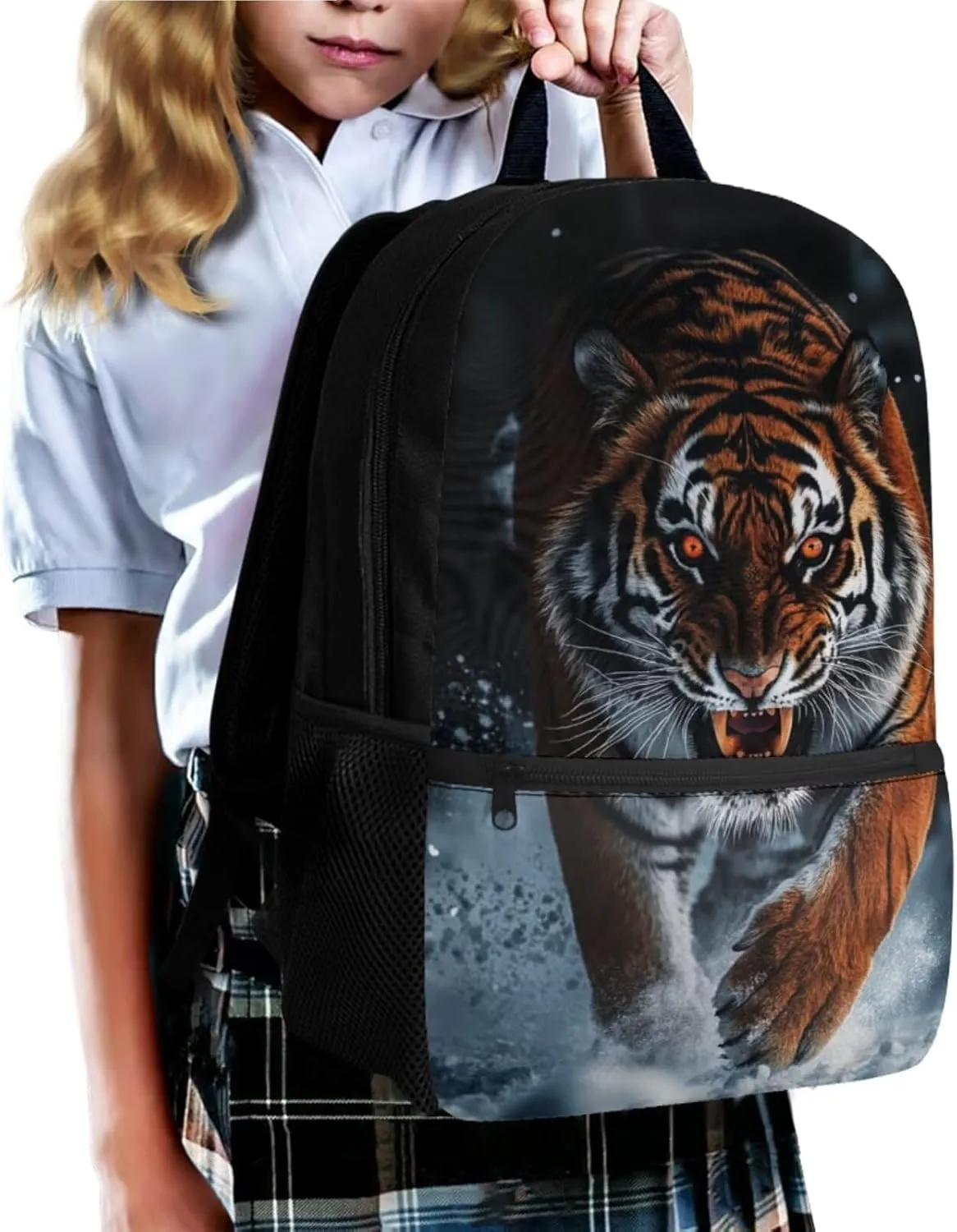 Ystardream Kids Backpack and Lunch Box Set Angry Tiger 6Th Grade Backpack for Boys Multiple Pockets Bookbags with Pencil Case Keychain for Children Travel and School Use