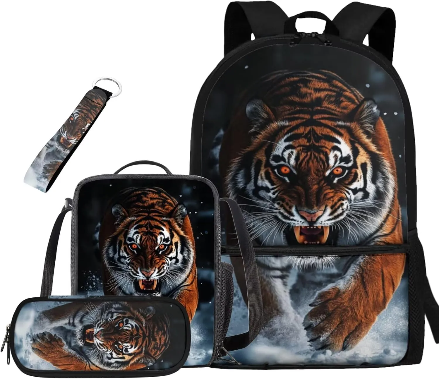 Ystardream Kids Backpack and Lunch Box Set Angry Tiger 6Th Grade Backpack for Boys Multiple Pockets Bookbags with Pencil Case Keychain for Children Travel and School Use