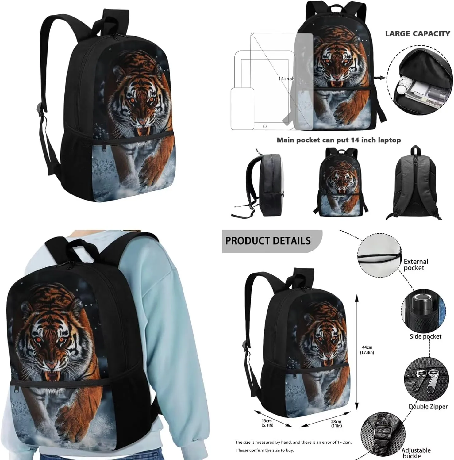 Ystardream Kids Backpack and Lunch Box Set Angry Tiger 6Th Grade Backpack for Boys Multiple Pockets Bookbags with Pencil Case Keychain for Children Travel and School Use