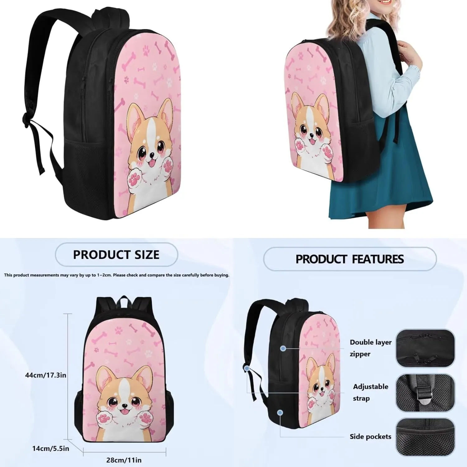 Ystardream Kids Backpack and Lunch Box Set Cute Corgi School Bags for Girls 14-16 5Th Grade Girls Laptop Backpack for Women,Large Bookbag for Kids Travel Back Pack Fits