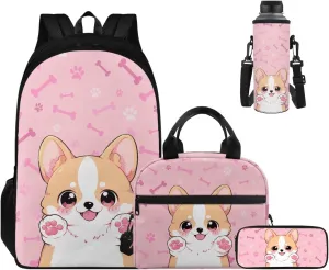Ystardream Kids Backpack and Lunch Box Set Cute Corgi School Bags for Girls 14-16 5Th Grade Girls Laptop Backpack for Women,Large Bookbag for Kids Travel Back Pack Fits