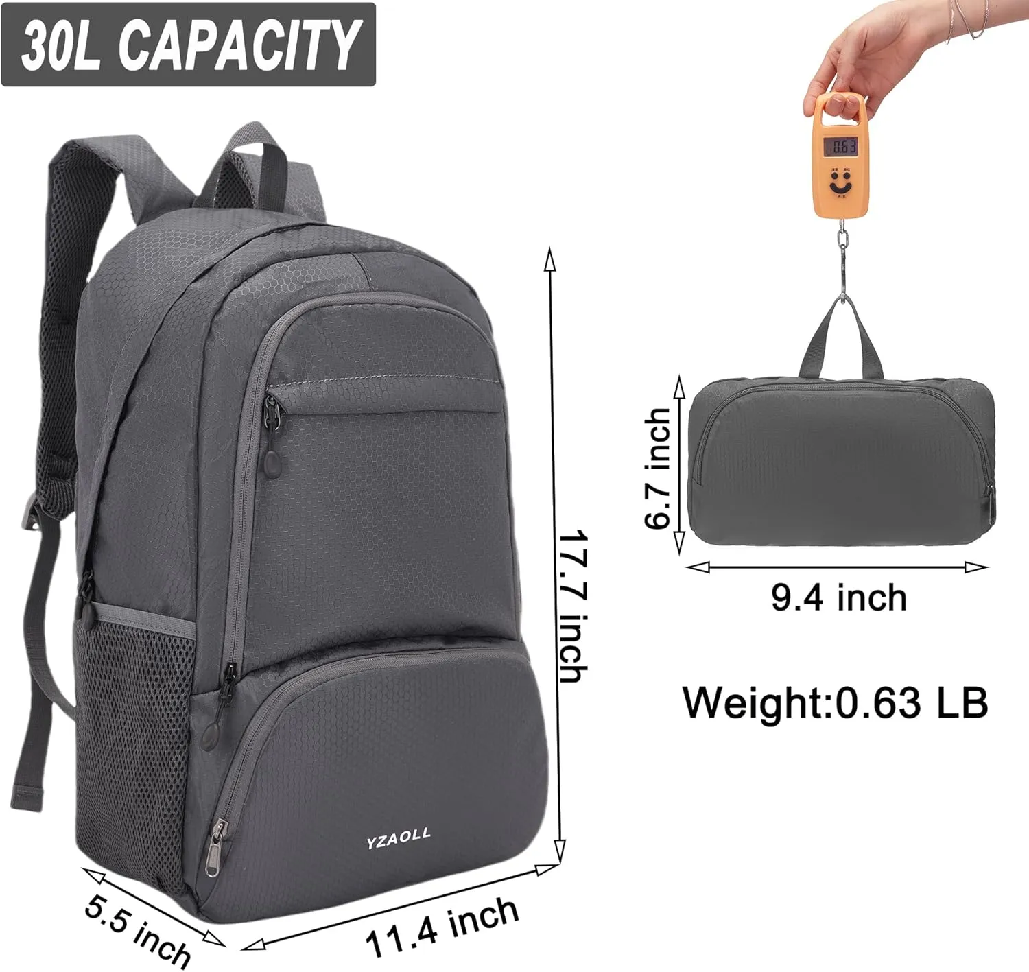 YZAOLL 30L Lightweight Packable Travel Hiking Backpack Daypack Foldable Backpack Water Resistant Daypack for Women Men
