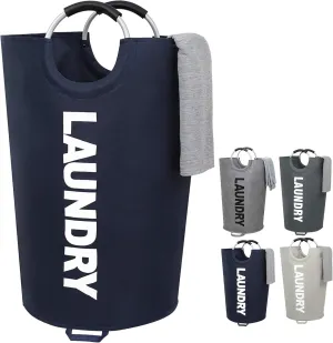 ZERO JET LAG 115L X-Large Laundry Basket with Handle - Tall Collapsible Fabric Hamper - College Dorm Bathroom Essential - Portable Washing Bin - Dirty Clothes Storage - Large Basket Bin (Dark Blue)
