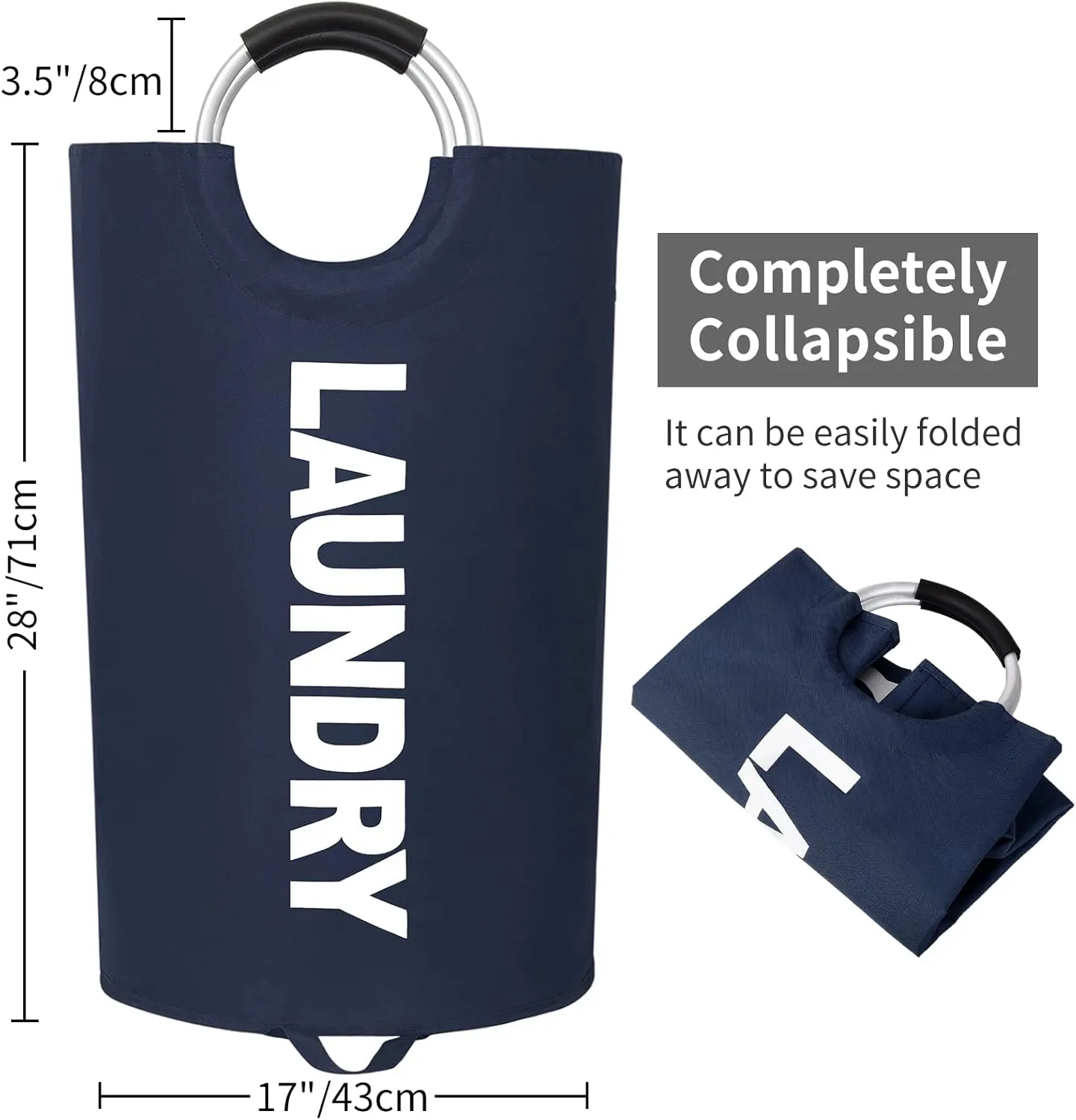 ZERO JET LAG 115L X-Large Laundry Basket with Handle - Tall Collapsible Fabric Hamper - College Dorm Bathroom Essential - Portable Washing Bin - Dirty Clothes Storage - Large Basket Bin (Dark Blue)