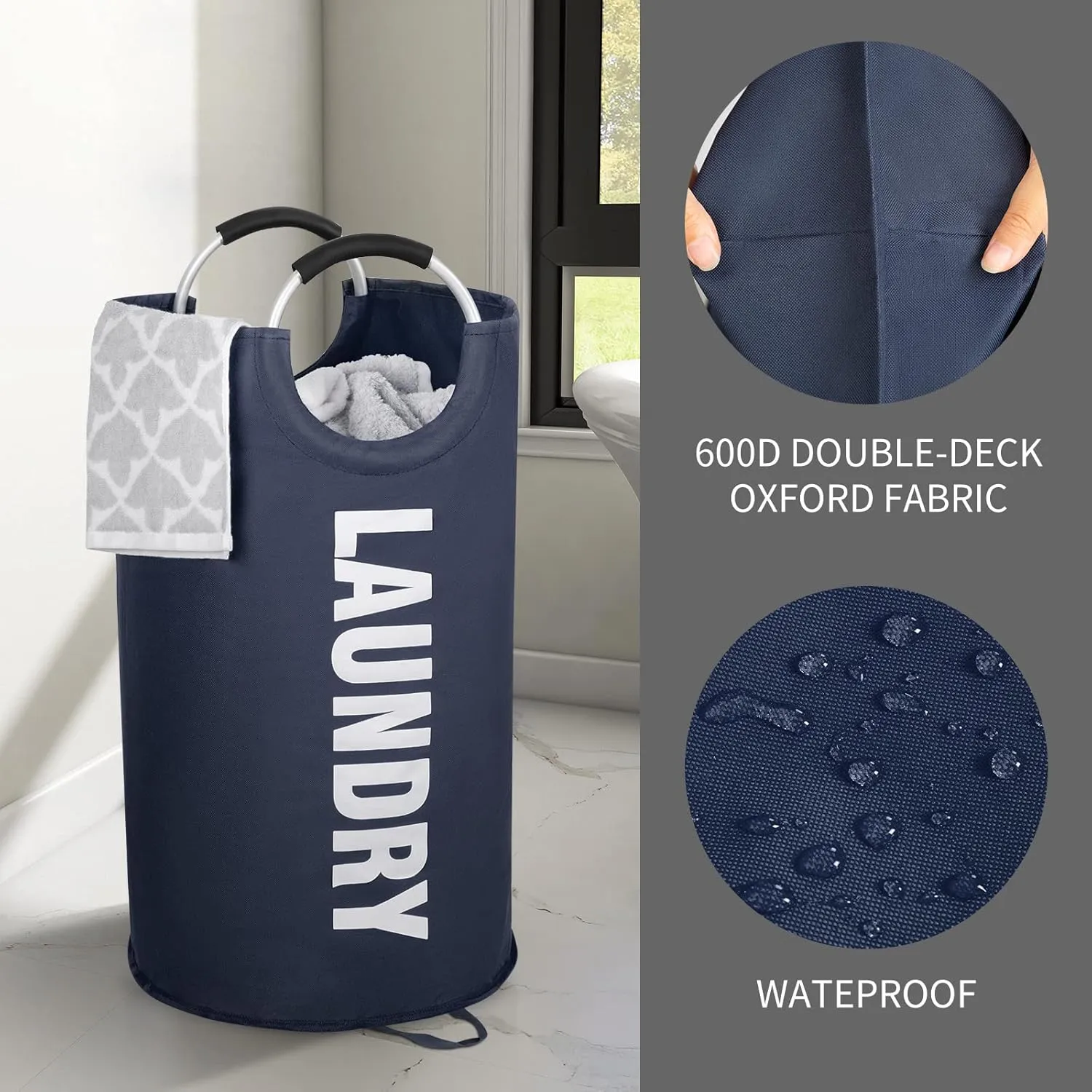 ZERO JET LAG 115L X-Large Laundry Basket with Handle - Tall Collapsible Fabric Hamper - College Dorm Bathroom Essential - Portable Washing Bin - Dirty Clothes Storage - Large Basket Bin (Dark Blue)