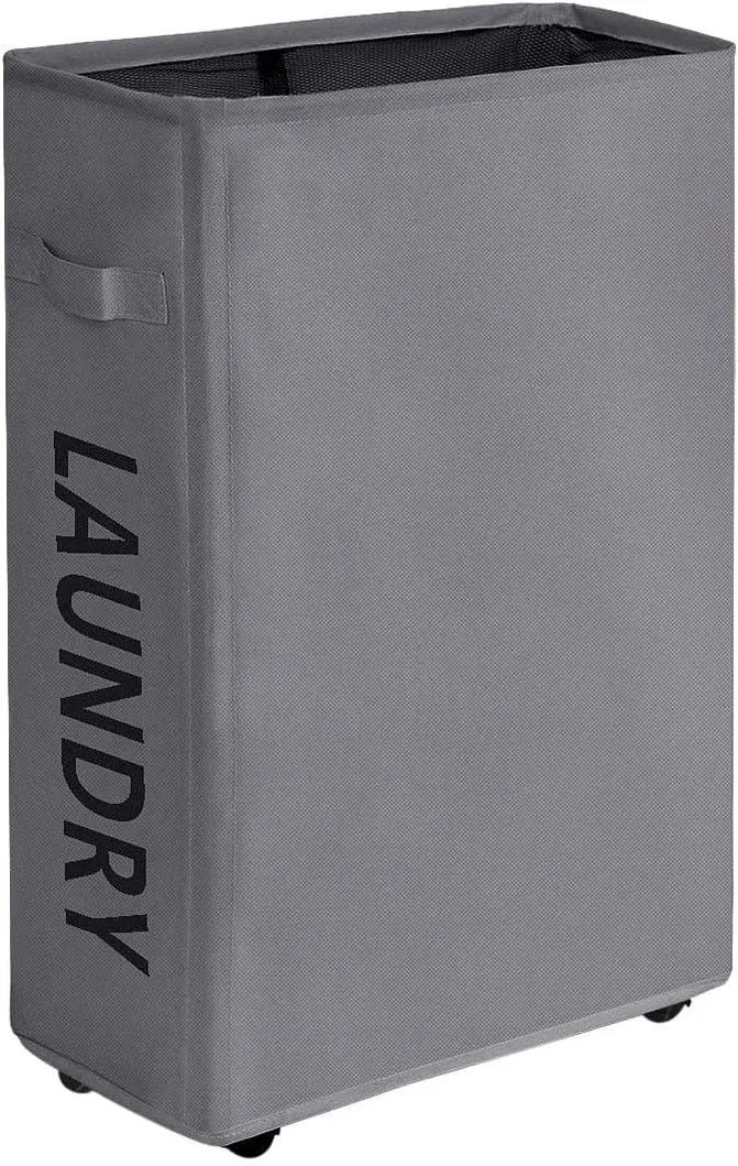 ZERO JET LAG 52L Large Slim Rolling On Wheels Laundry Hamper Tall Dirty Clothes Storage Basket Standable Corner Handy Storage Bin Hamper Basket 15×8×22" (22 Inches,Grey)