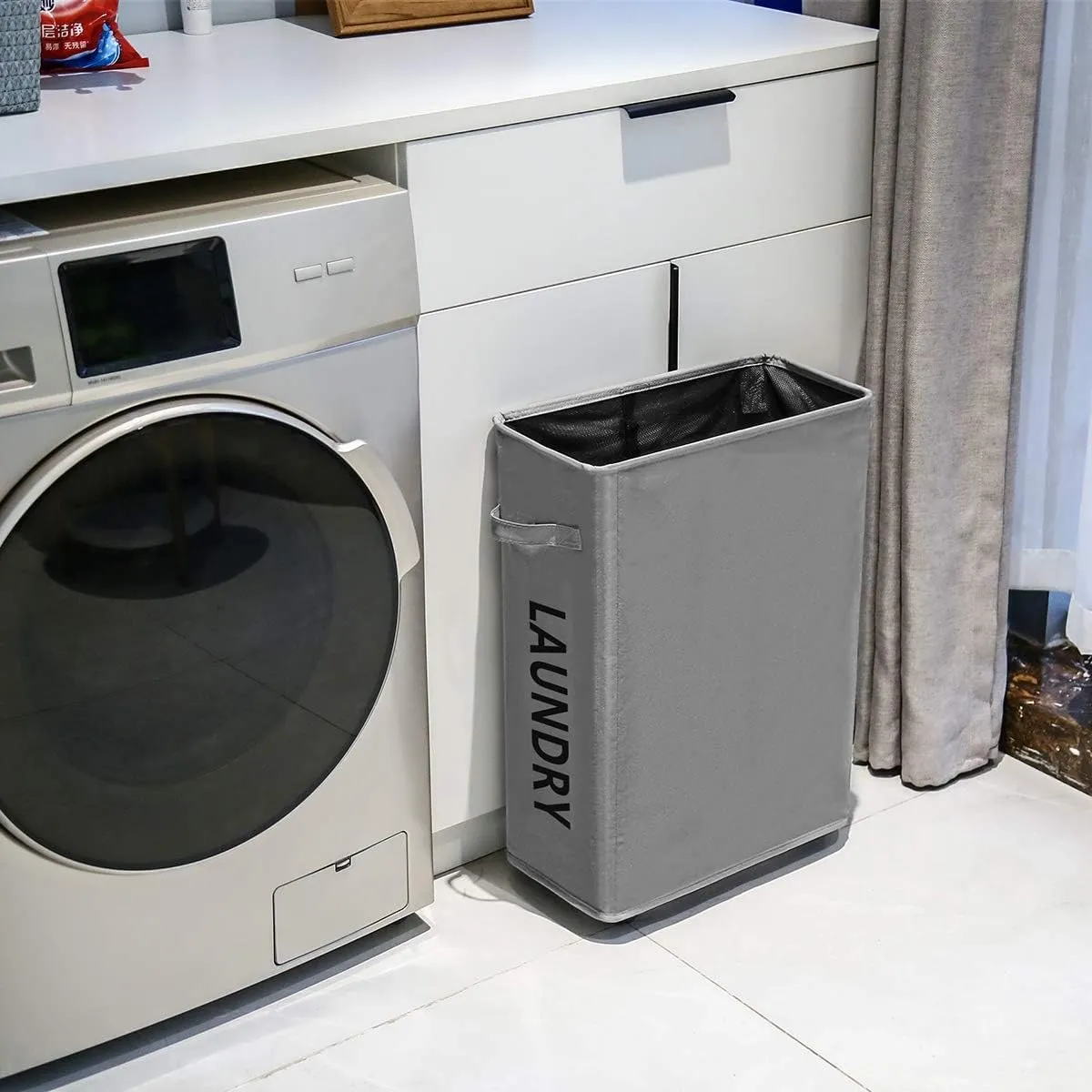 ZERO JET LAG 52L Large Slim Rolling On Wheels Laundry Hamper Tall Dirty Clothes Storage Basket Standable Corner Handy Storage Bin Hamper Basket 15×8×22" (22 Inches,Grey)