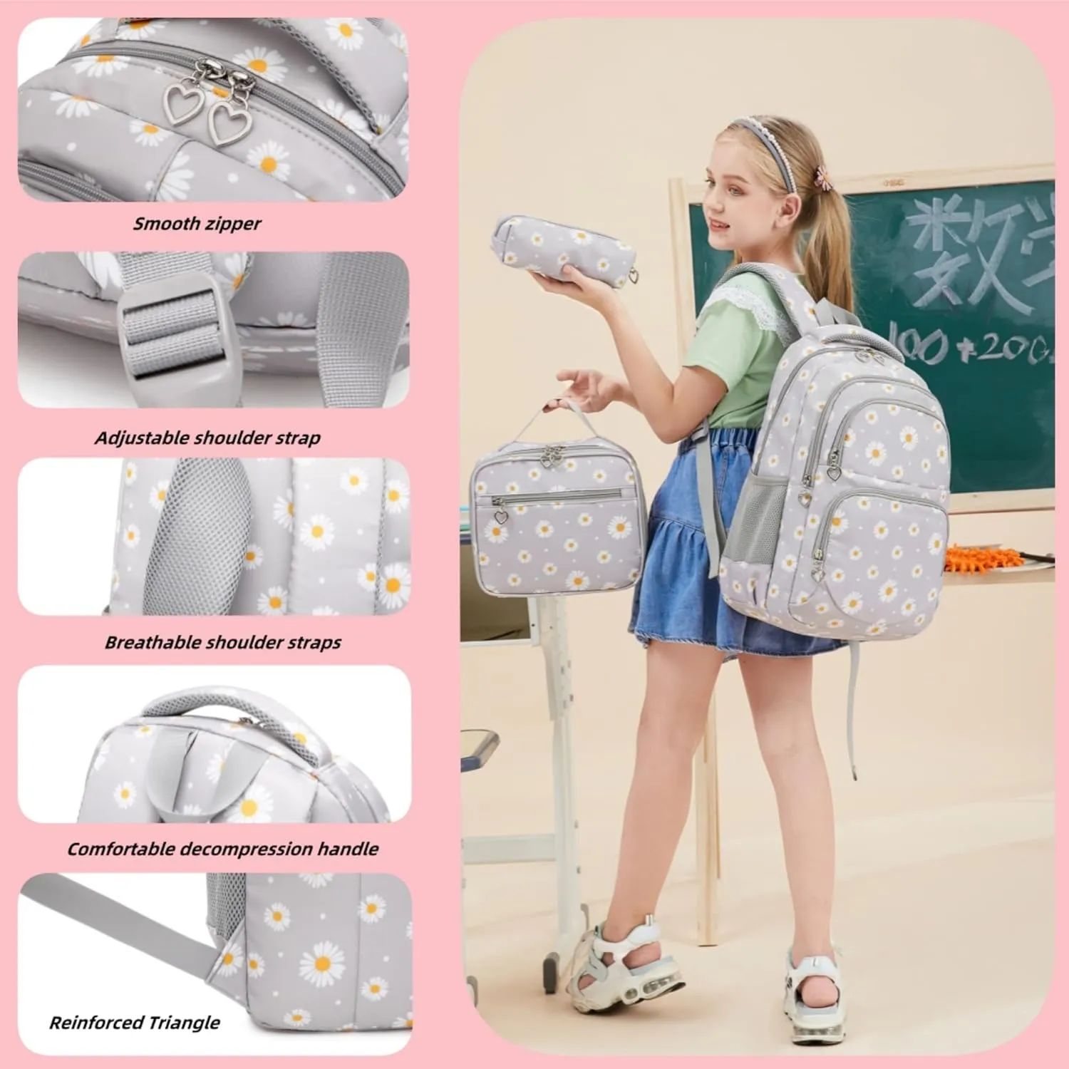 ZHANAO Daisy Backpack for Girls,Bookbag with Lunch Box Kids School Bag Set 3pcs Flower Girls Backpack Set School Daypack for Teens Girls