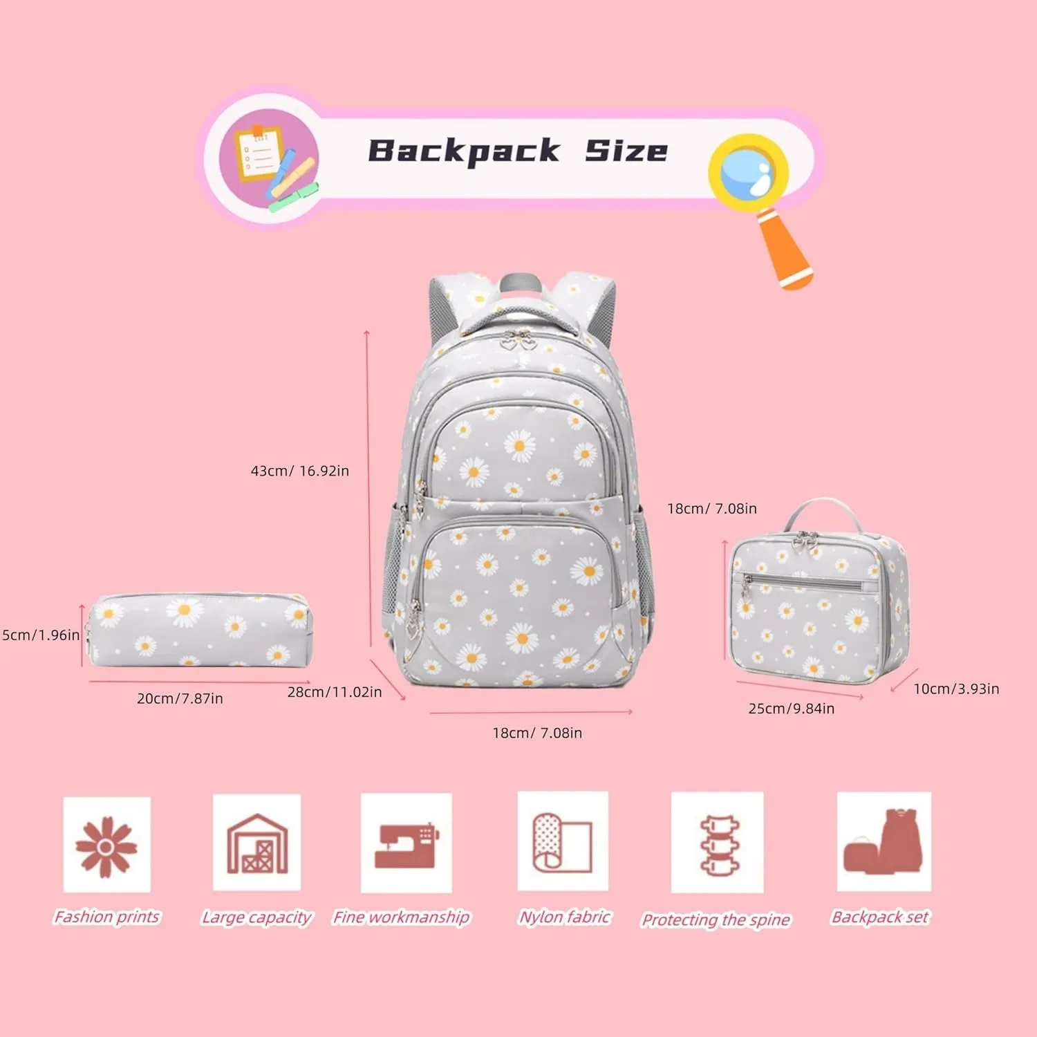 ZHANAO Daisy Backpack for Girls,Bookbag with Lunch Box Kids School Bag Set 3pcs Flower Girls Backpack Set School Daypack for Teens Girls