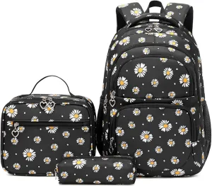 ZHANAO Daisy Backpack for Girls,Bookbag with Lunch Box Kids School Bag Set 3pcs Flower Girls Backpack Set School Daypack for Teens Girls
