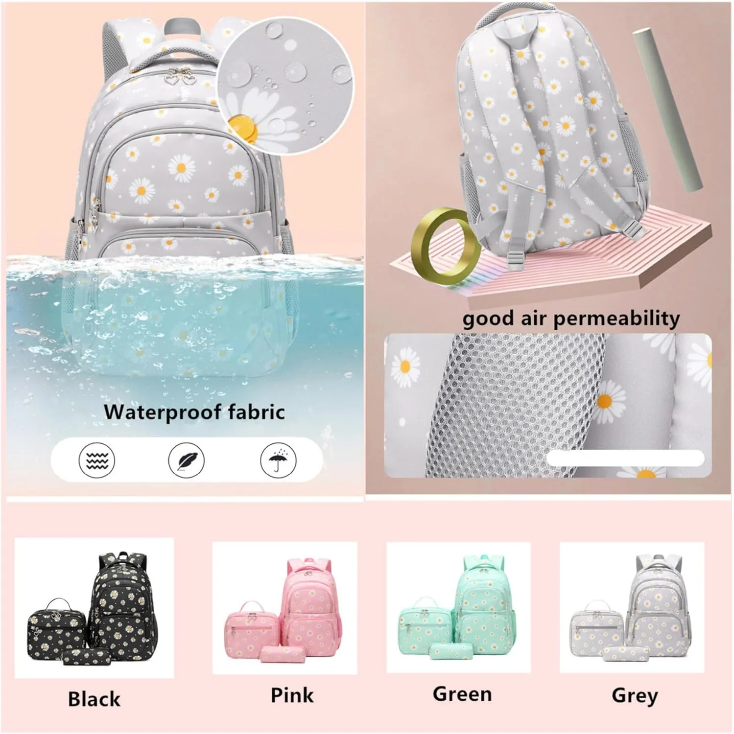 ZHANAO Daisy Backpack for Girls,Bookbag with Lunch Box Kids School Bag Set 3pcs Flower Girls Backpack Set School Daypack for Teens Girls