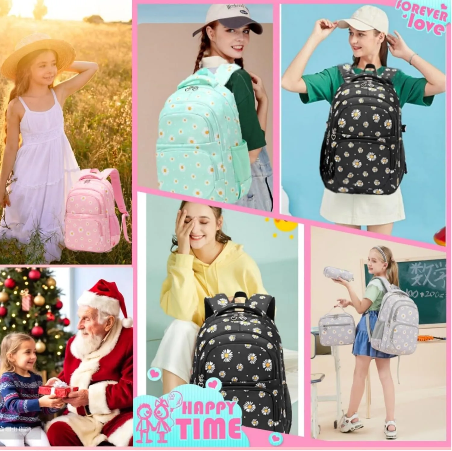 ZHANAO Daisy Backpack for Girls,Bookbag with Lunch Box Kids School Bag Set 3pcs Flower Girls Backpack Set School Daypack for Teens Girls