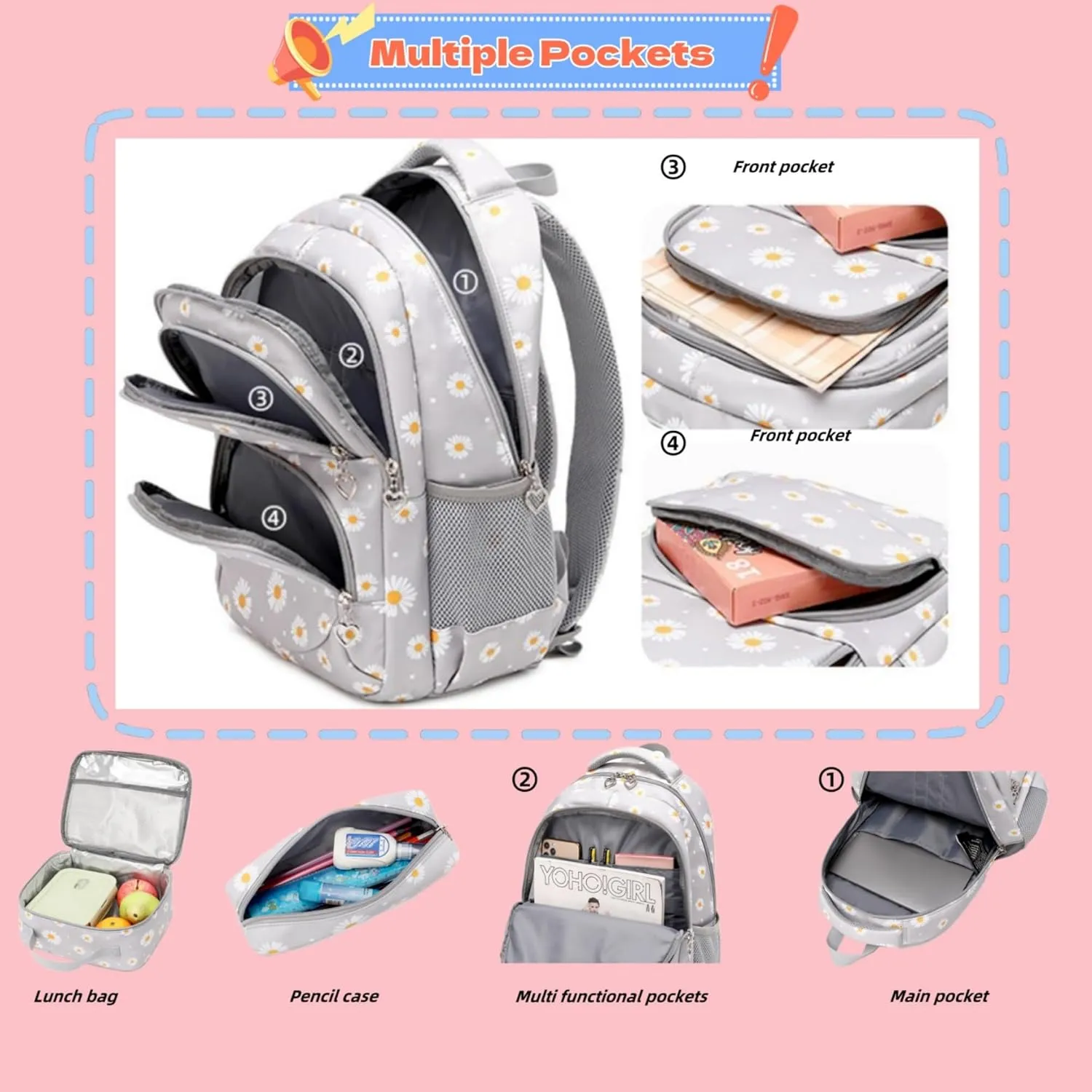 ZHANAO Daisy Backpack for Girls,Bookbag with Lunch Box Kids School Bag Set 3pcs Flower Girls Backpack Set School Daypack for Teens Girls