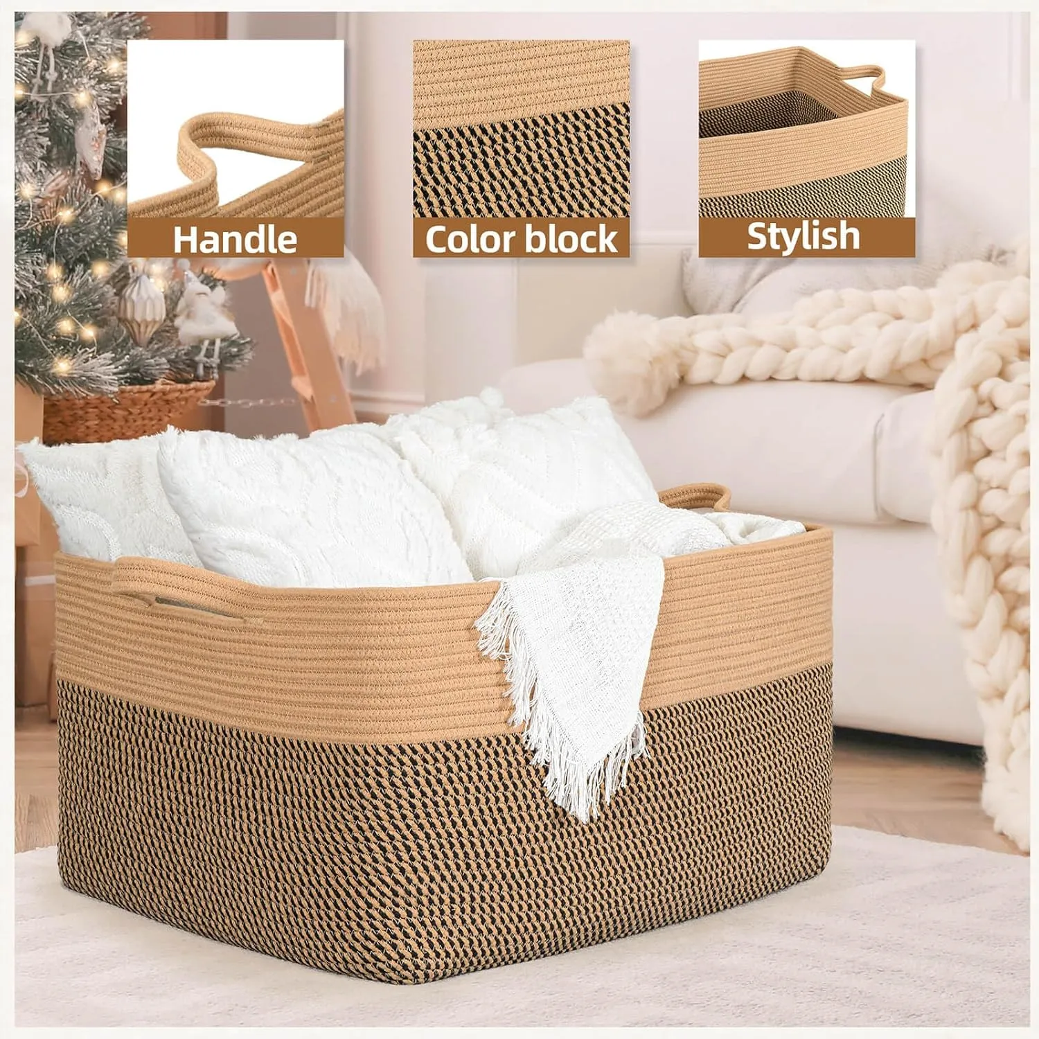 ZLG Extra Large Rectangle Storage Basket 72L Jute Woevn Basket for Blanket Pillow Towel Basket for Toy Organizer Shelf Storage Bin Boho Decorative Basket with Handles, 22 x 17 x 12 inches