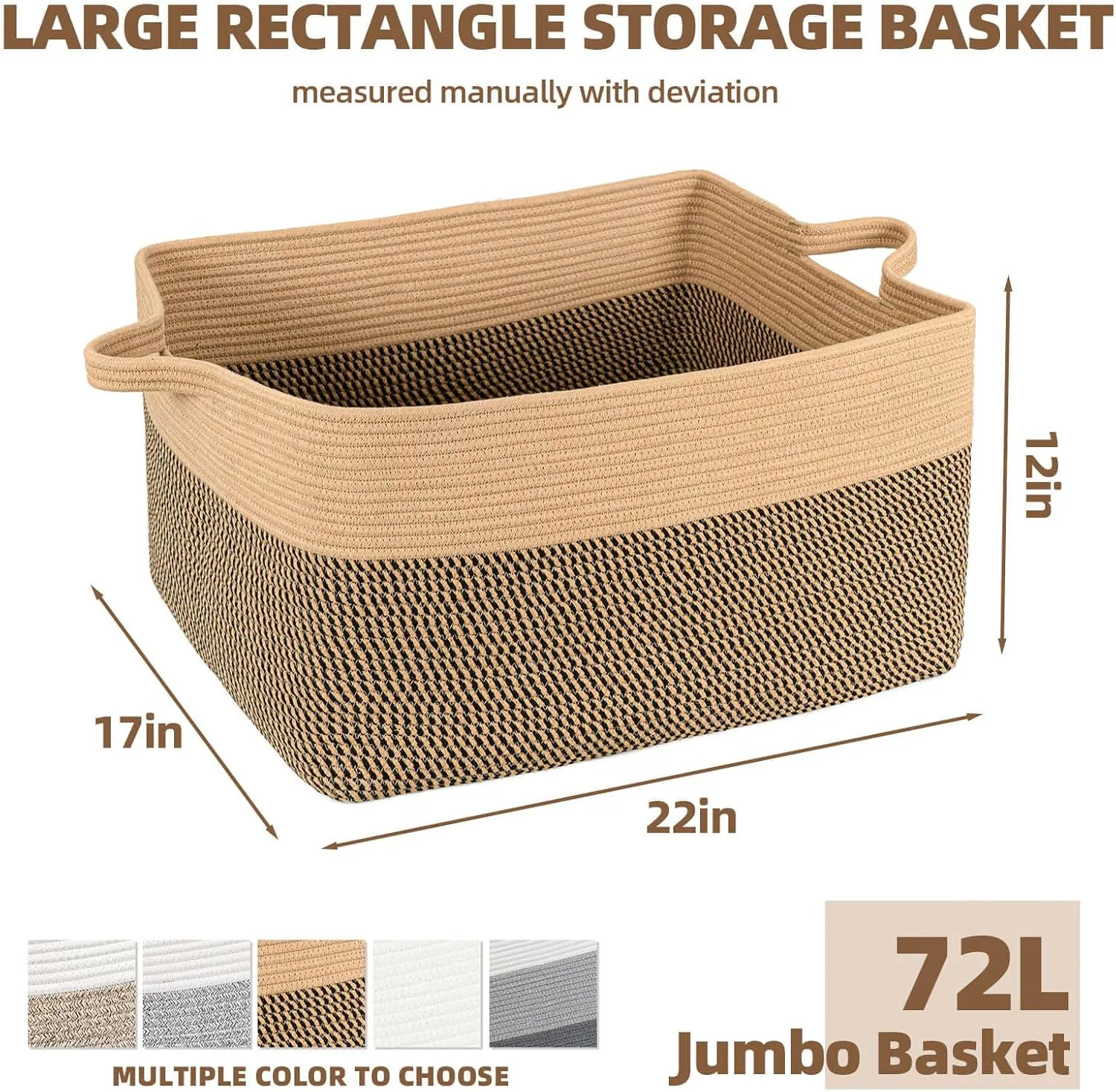 ZLG Extra Large Rectangle Storage Basket 72L Jute Woevn Basket for Blanket Pillow Towel Basket for Toy Organizer Shelf Storage Bin Boho Decorative Basket with Handles, 22 x 17 x 12 inches