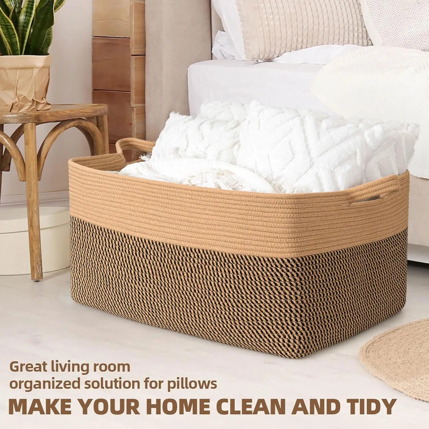 ZLG Extra Large Rectangle Storage Basket 72L Jute Woevn Basket for Blanket Pillow Towel Basket for Toy Organizer Shelf Storage Bin Boho Decorative Basket with Handles, 22 x 17 x 12 inches