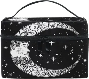 ZOEO Makeup Train Case Art Black Moon Star Ethnic Korean Carrying Portable Zip Travel Cosmetic Brush Bag Organizer Large for Girls Women