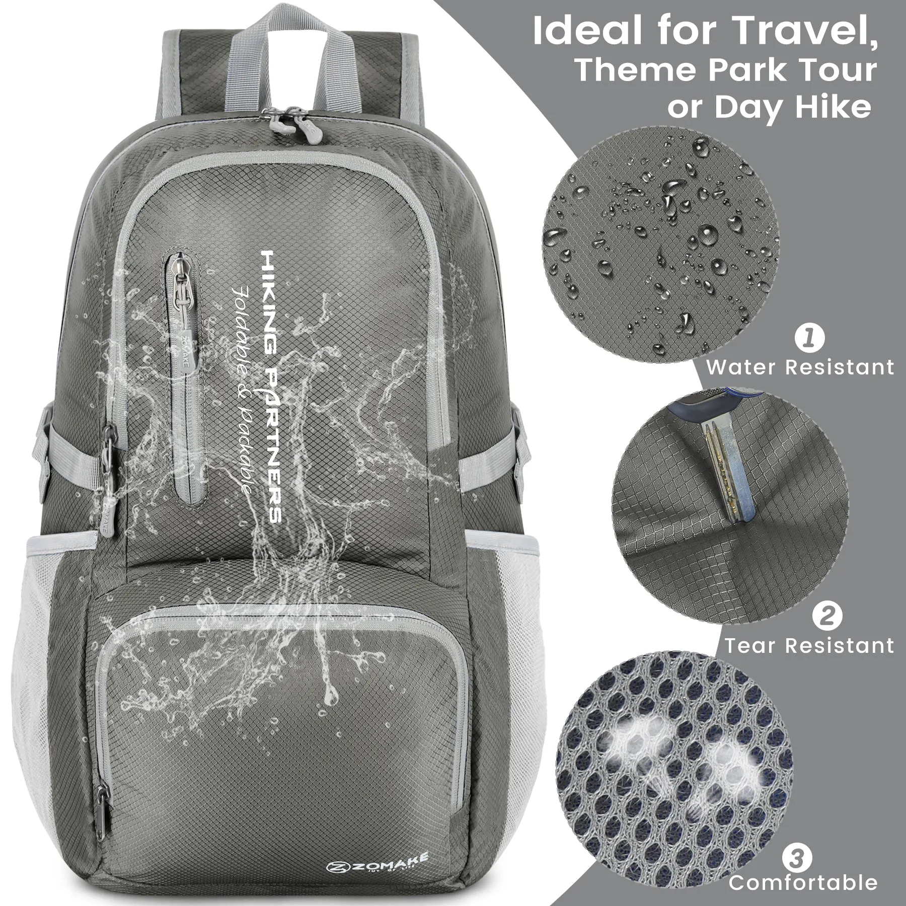 ZOMAKE Lightweight Packable Backpack - 35L Light Foldable Hiking Backpacks Water Resistant Collapsible Daypack for Travel(Dimgray)