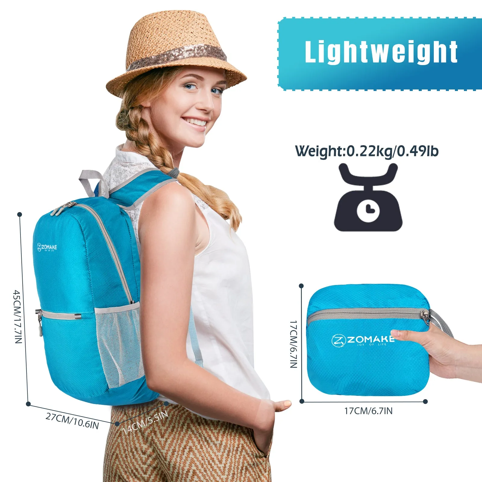 ZOMAKE Ultra Lightweight Hiking Backpack 20L, Packable Small Backpacks Water Resistant Daypack for Women Men(Light Blue)