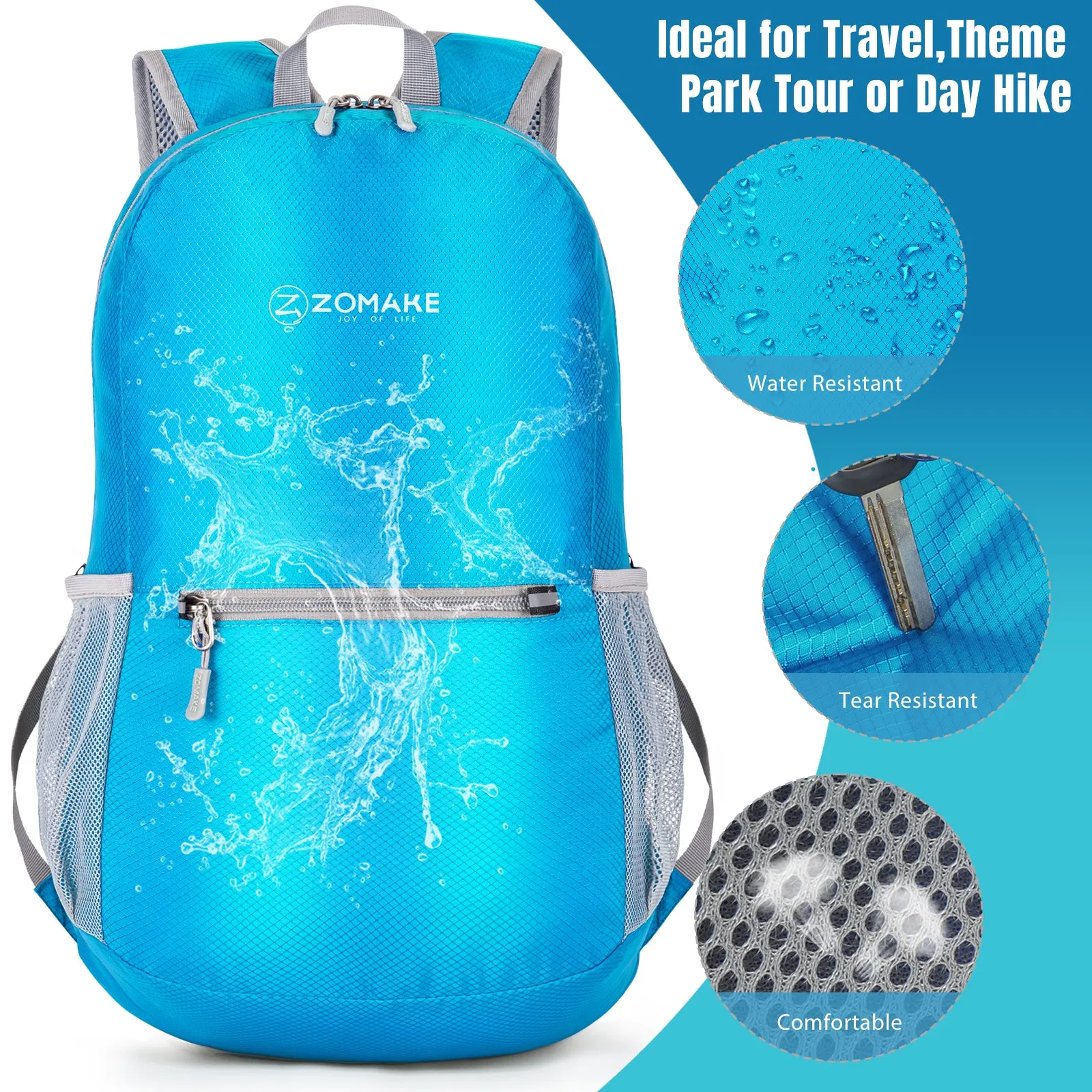 ZOMAKE Ultra Lightweight Hiking Backpack 20L, Packable Small Backpacks Water Resistant Daypack for Women Men(Light Blue)