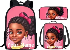 ZOUTAIRONG Custom Name Afro Black Girl Backpack Lunch Box Set African American Girls School Bags Age 10-12 Year Old,Primary Elementary Kids Bookbag with Lunchbag Pencil Case