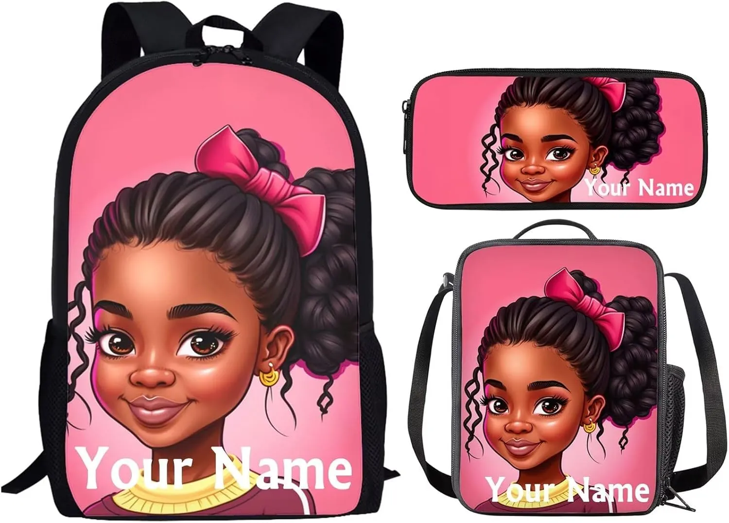 ZOUTAIRONG Custom Name Afro Black Girl Backpack Lunch Box Set African American Girls School Bags Age 10-12 Year Old,Primary Elementary Kids Bookbag with Lunchbag Pencil Case